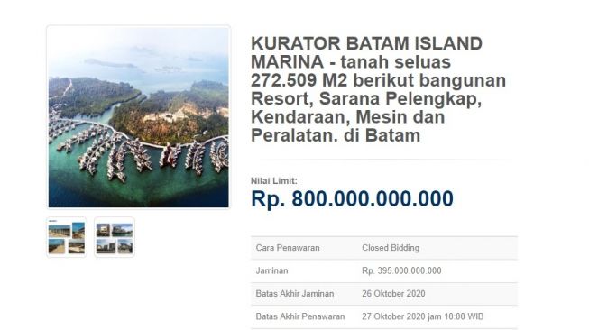 Balai lelang Pemerintah Inodnesia menjual resor mewah di 4 pulau di Batam lewat lelang. Resor mewah itu ada di Pulau Asam, Pulau Manis, Pulau Suwe dan Pulau Anak Ladang. (Lelang.go.id)