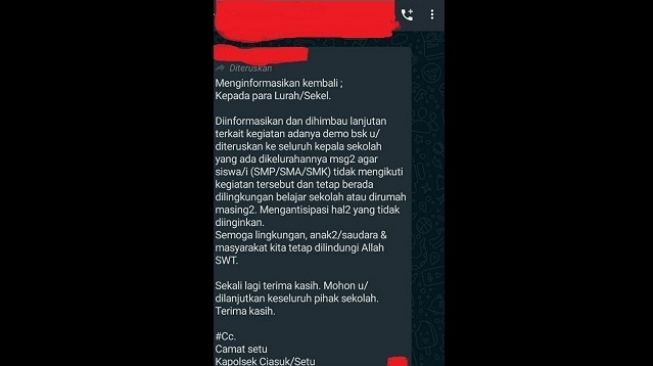 Pesan berantai dari Camat Setu Tangsel terkait imbauan pelajar tak ikut demo besok. [Ist]