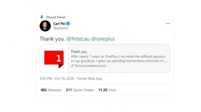 Postingan CEO OnePlus, Carl Pei. [Twitter]