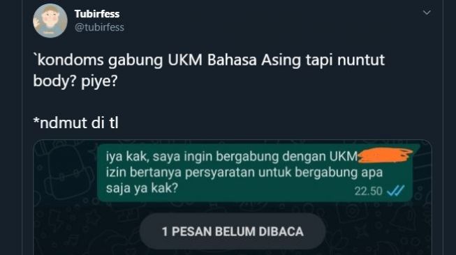 Viral syarat masuk UKM harus yang cantik. (Twitter/@tubirfess)