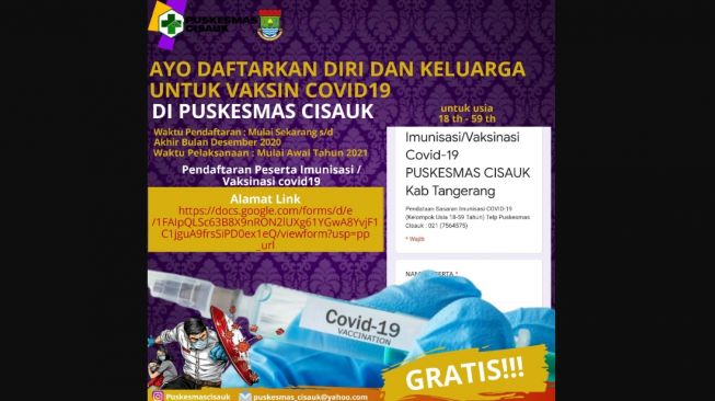 Viral Daftar Online Vaksin Corona Puskesmas Cisauk, Begini Klarifikasinya