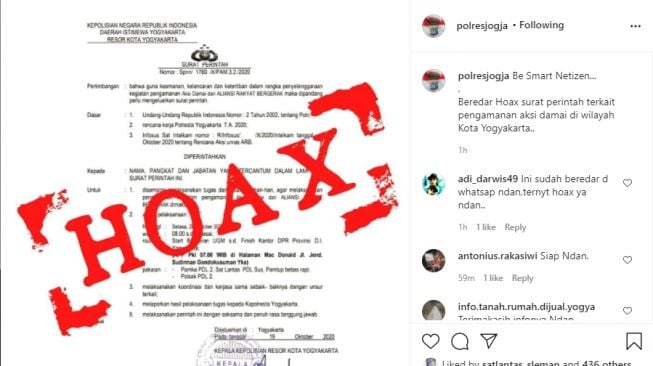 Jelang Aksi, Beredar Hoaks Surat Perintah Pengamanan Aksi Polresta Jogja