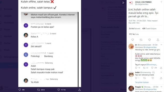 salah masuk kampus saat kelas online (Twitter/collegemenfess)