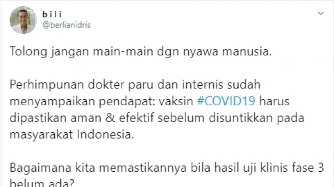 Cuitan Berlian Idris soal vaksin covid-19. - (Twitter/@berlianidris)