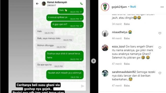 Kisah driver ojek online yang membelikan susu kepada pelanggannya. (Instagram/@gojek24jam)