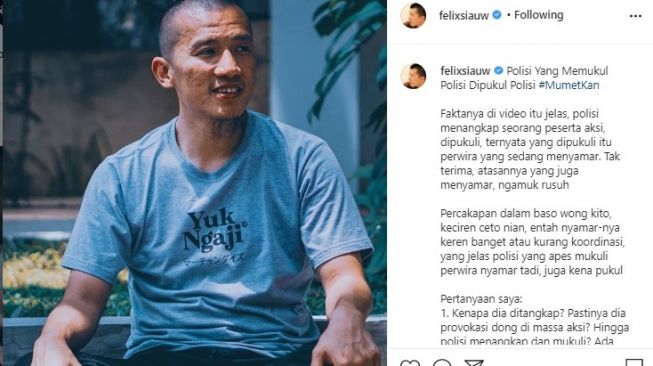 Ustaz Felix Siauw menyoroti peristiwa polisi menangkap perwira polisi yang menyamar jadi mahasiswa di demo tolak UU Cipta Kerja beberapa waktu lalu. (instagram)