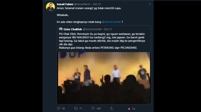 Cuitan soal potongan video Anies Baswedan Lemparkan guyonan (Twitter/@ismailfahmi)