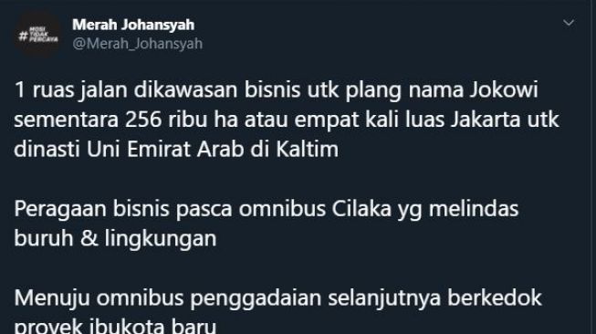 Kicauan Merah Johansyah soal jalan Jokowi. (Twitter/@Merah_Johansyah)