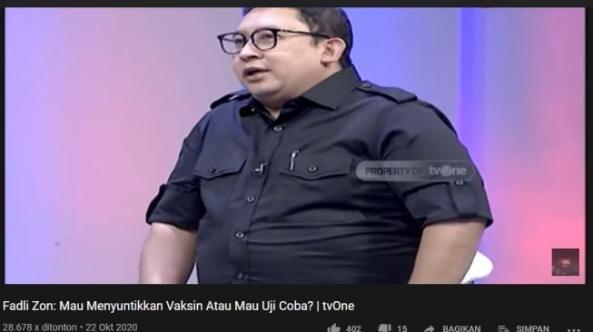 Fadli Zon sial vaksin Covid-19. (YouTube/Talk Show tvOne)