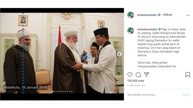 Unggahan Anies Baswedan kenang Syekh Muhammad Adnan Al-Afyouni.[Instagram]