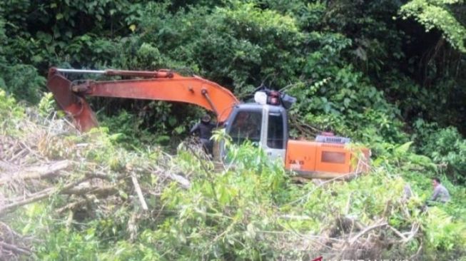 Polisi mengamankan satu unit alat berat di lokasi diduga penambangan emas ilegal di kawasan Desa Kila, Kecamatan Seunagan Timur, Kabupaten Nagan Raya, Provinsi Aceh, Jumat (23/10/2020) siang. (ANTARA/HO-Dok. Polres Nagan Raya)