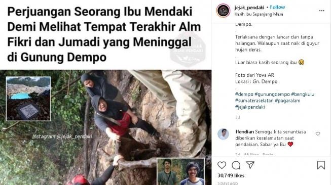 Seorang ibu pendaki Gunung Dempo demi melihat tempat terakhir anaknya. (Instagram/@jejak_pendaki)