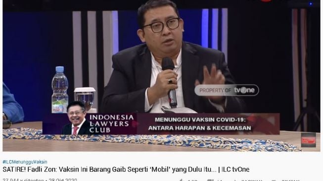 Fadli Zon soal harga vaksin yang mahal. (YouTube/Indonesia Lawyers Club)