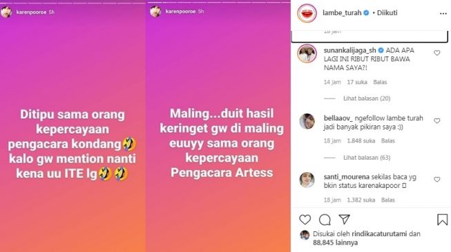 Unggahan soal Karen Pooroe [Instagram/@lambe_turah]