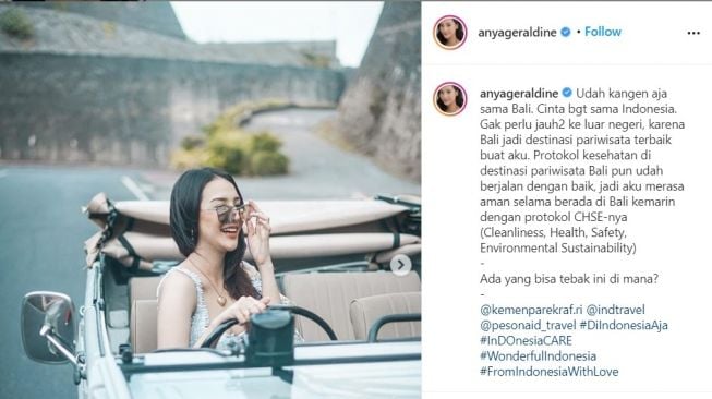 Anya Geraldine mengajak untuk pergi ke Bali untuk berwisata (Instagram)