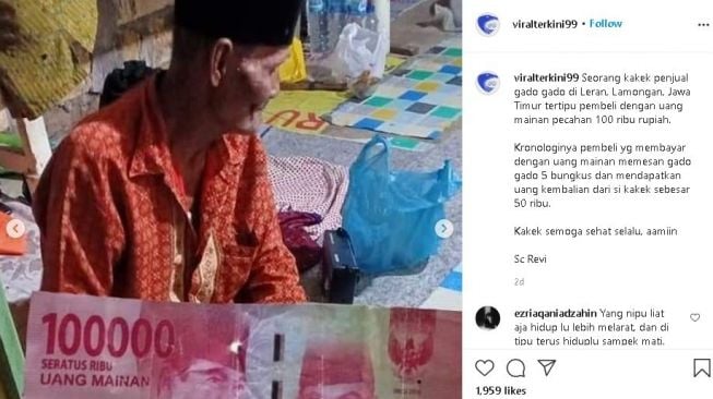 Kakek penjual gado-gado ditipu pakai uang mainan. (Instagram/@viralterkini99)