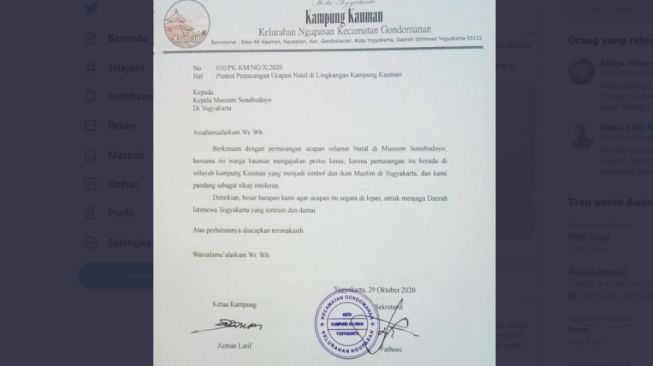 Potret surat protes warga Kampung Kauman. - (Twitter/@OmAdityaWisnu)