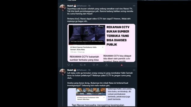 Cuitan akun Twitter mengomentari hasil investigasi soal pelaku pembakaran halte Sarinah. (Twitter/@Paltiwest)