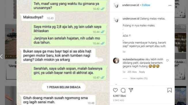 Percakapan penagih utang dan pengutang. (Instagram/@undercover.id)