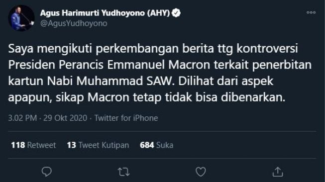 AHY kecam presiden Prancis. (Twitter/@AgusYudhoyono)