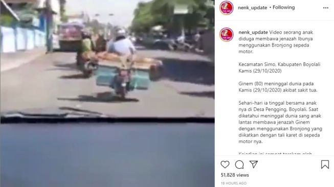 Video pengendara motor yang bawa jenazah ibunya dengan bronjong di Boyolali. - (Instagram/@nenk_update)