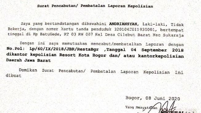 Surat Pencabutan laporan Polisi kasus Habib Bahar bin Smith. [ayobandung.com/istimewa]