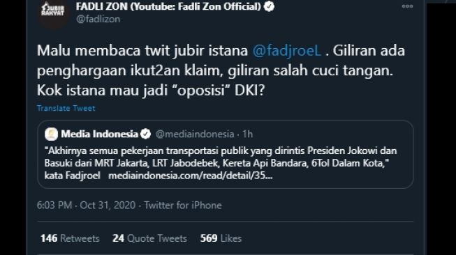 Cuitan Fadli Zon menanggapi cuitan Fadjroel Rachman soal penghargaan yang diraih DKI Jakarta. (Twitter/@fadlizon)