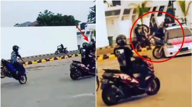 Viral Rombongan Pemotor Asyik Stoppie, Berakhir Nabrak Mobil Polisi