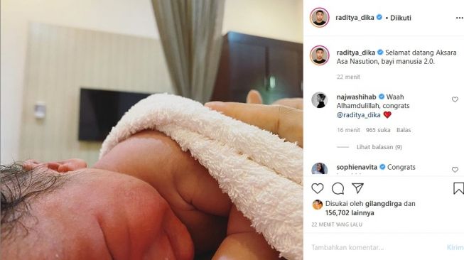 Istri Raditya Dika, Annisa Aziza melahirkan anak kedua berjenis kelamin laki-laki. [Instagram]