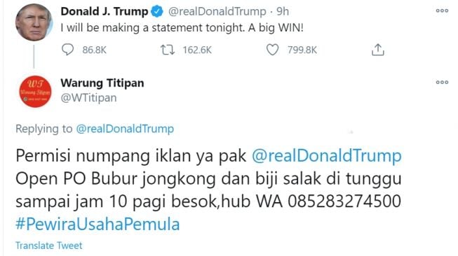 Trump Unggah Kemenangan di Twitter, Orang Indonesia Malah Nebeng Jualan