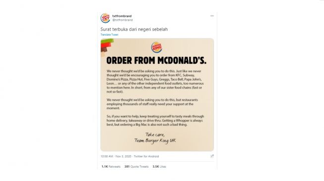 Postingan Burger King. [Twitter]