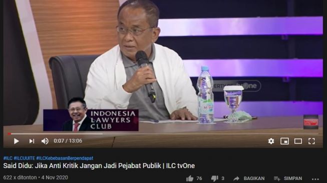 Said Didu tentang UU ITE. (YouTube/Indonesia Lawyers Club)