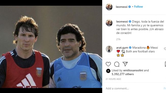 Penyerang Barcelona, Lionel Messi memberi dukungan dan semangat untuk legenda sepakbola Argentina, Diego Armando Maradona yang baru menjalani operasi otak. [Dok. Instagram@leomessi]