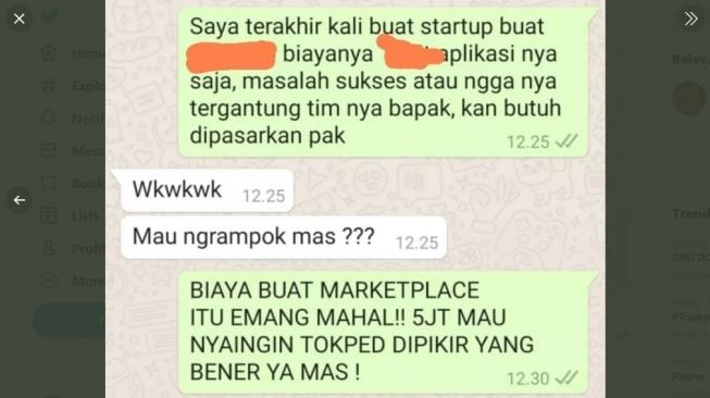 Tangkapan layar chat warganet kaget dengan nilai modal market place. [Twitter]