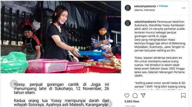 Riandhika Yossy Kartikasari si penjual gorengan di Jogja. (Instagram/@sekolahpebisnis)