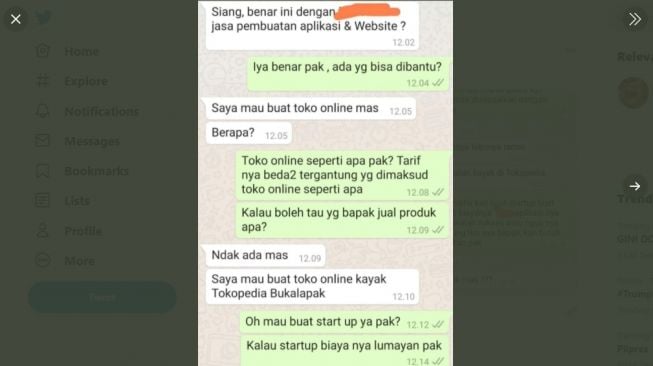 Tangkapan layar chat warganet kaget dengan nilai modal market place. [Twitter]