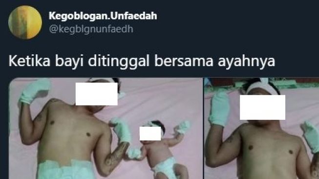 Ayah cosplay mengikuti gaya bayinya. (Twitter/@kegblgnunfaedh)