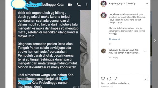 Klarifikasi organ jenazah diduga Covid-19 hilang (Instagram/magelang_raya)