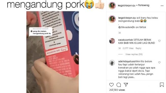 Cewek menangis tahu makanannya mengandung babi. (Tiktok)