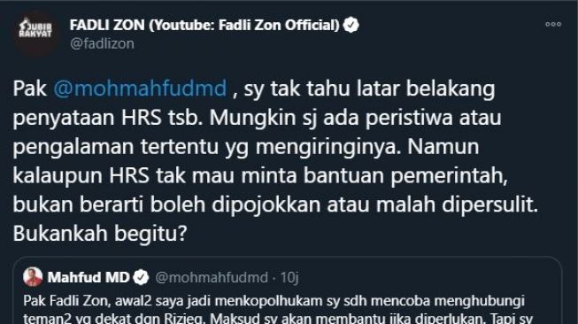 Fadli zon vs Mahfud MD soal kepulangan Habib Rizieq. (Twitter/@mohmahfudmd)