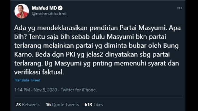 Cuitan Mahfud MD soal kembalinya Partai Masyumi. (Twitter/@mohmahfudmd)