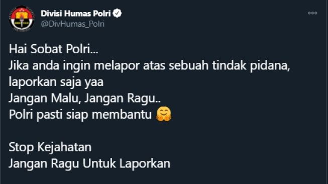 Tweet Polri Jangan Malu Lapor Kejahatan Malah Dibanjiri Komplain Publik