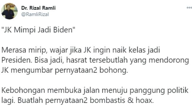 Cuitan Rizal Ramli soal Jusuf Kalla. - (Twitter/@RamliRizal)