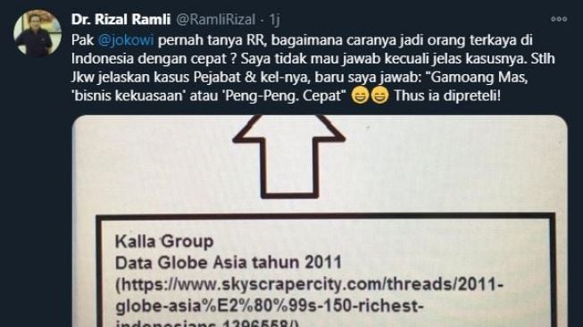 Kicauan Rizal Ramli soal JK. (Twitter/@RamliRizal)