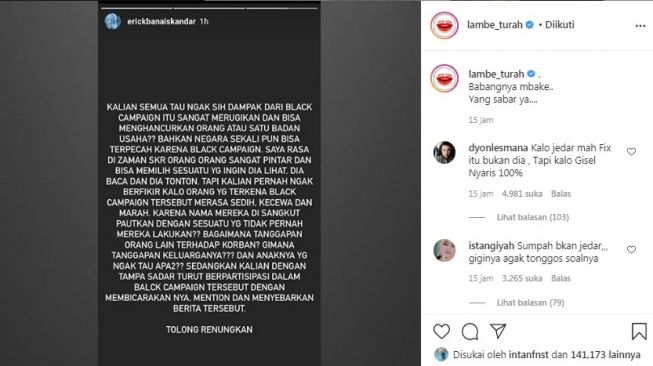 Unggahan soal Erick Iskandar [Instagram/@lambe_turah]