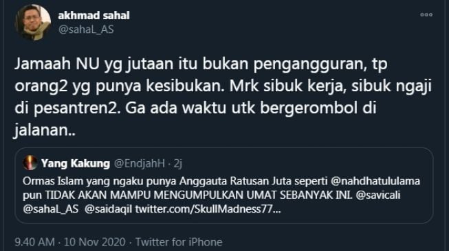 Cuitan Gus Sahal membalas twit dari netizen (Twitter)