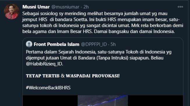 Musni Umar Merinding Lihat Umat Sambut Kepulangan HRS (Twitter/Musniumar).