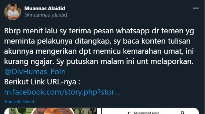 Muannas Alaidid Laporkan Status Facebook yang Diduga Lecehkan Nabi Muhammad (Twitter/Muannas_Alaidid).