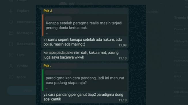 Chat lucu dosen selama kuliah online. (Twitter/@collegemenfess)