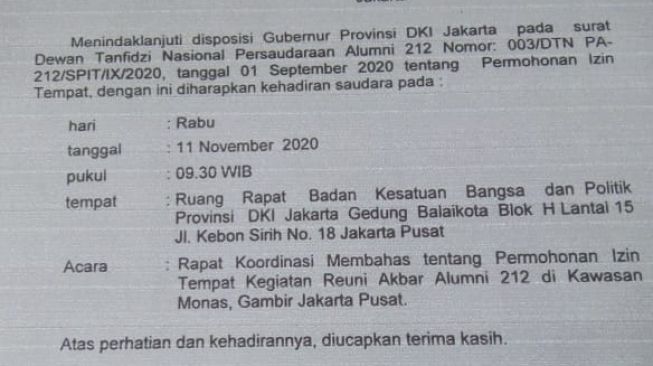 Surat Permohonan Reuni Akbar 212 Sudah Dikasih ke Anies 1 September Lalu